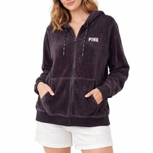 Black Velour Y2K Full Zip Hoodie VS PINK Size L